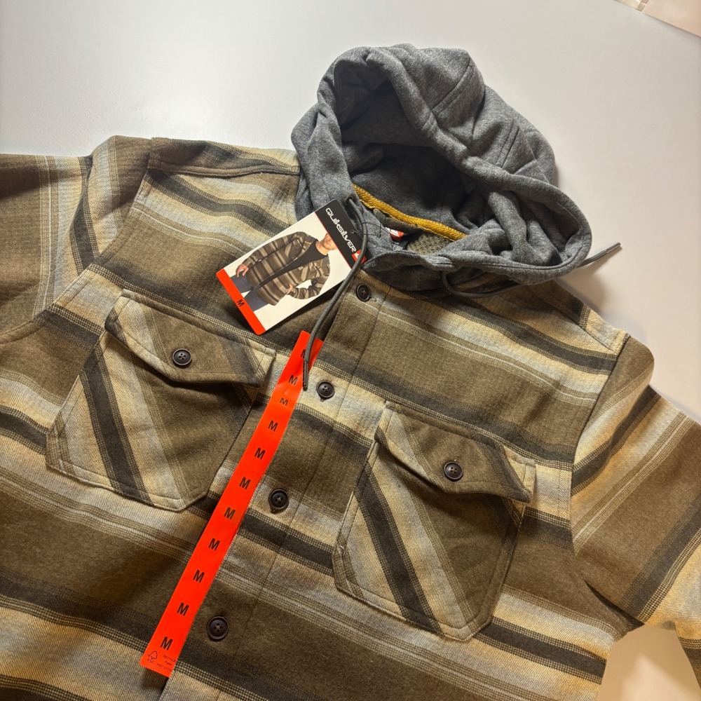 NWT Quiksilver Men's Striped Hooded Flannel Shirt Jacket Size Medium Tan Brown
